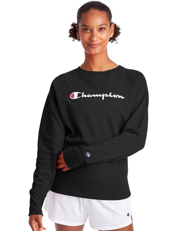 Champion Womens Sweatshirt NZ - Powerblend Fleece Classic Crew Script Logo Black ( 5368-RSMDQ )